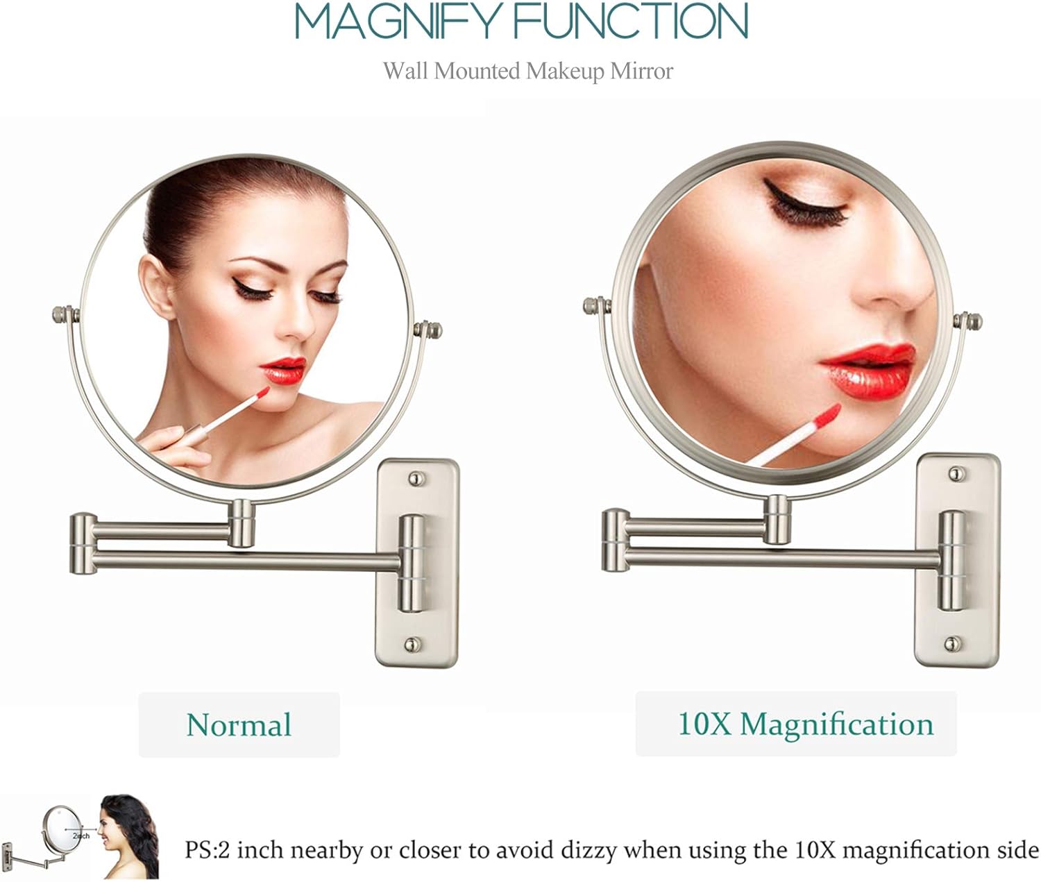 ALHAKIN Wall Mounted Makeup Mirror - 10x Magnification 8'' Two-Sided Swivel Extendable Bathroom Mirror Nickel Finish -