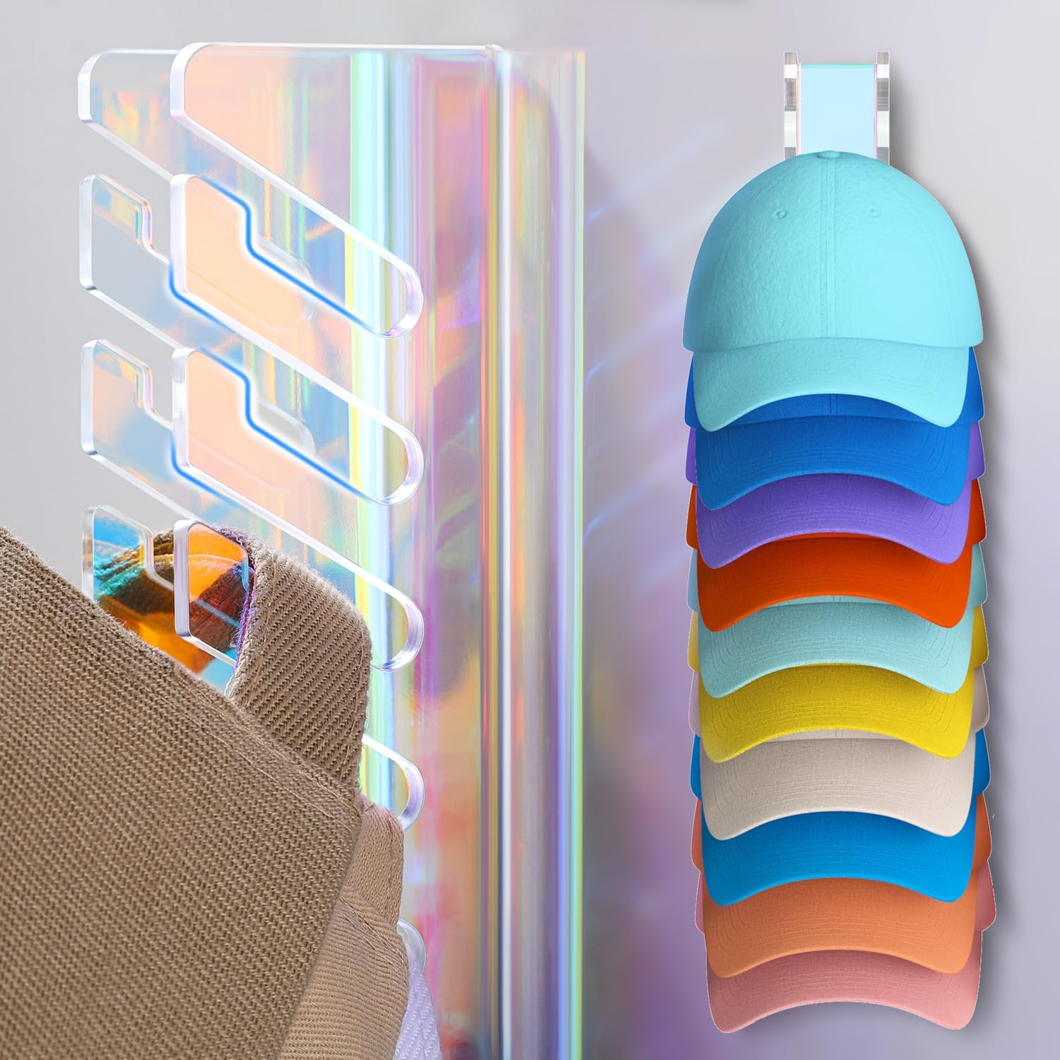 Photo 1 of 2 Packs Iridescent Acrylic Hat Hook On Wall - No Drill Baseball Cap Organizer for Wall Strong Adhesive Hat Rack Hanger Hat Holder for Closet Door Bedroom Organization