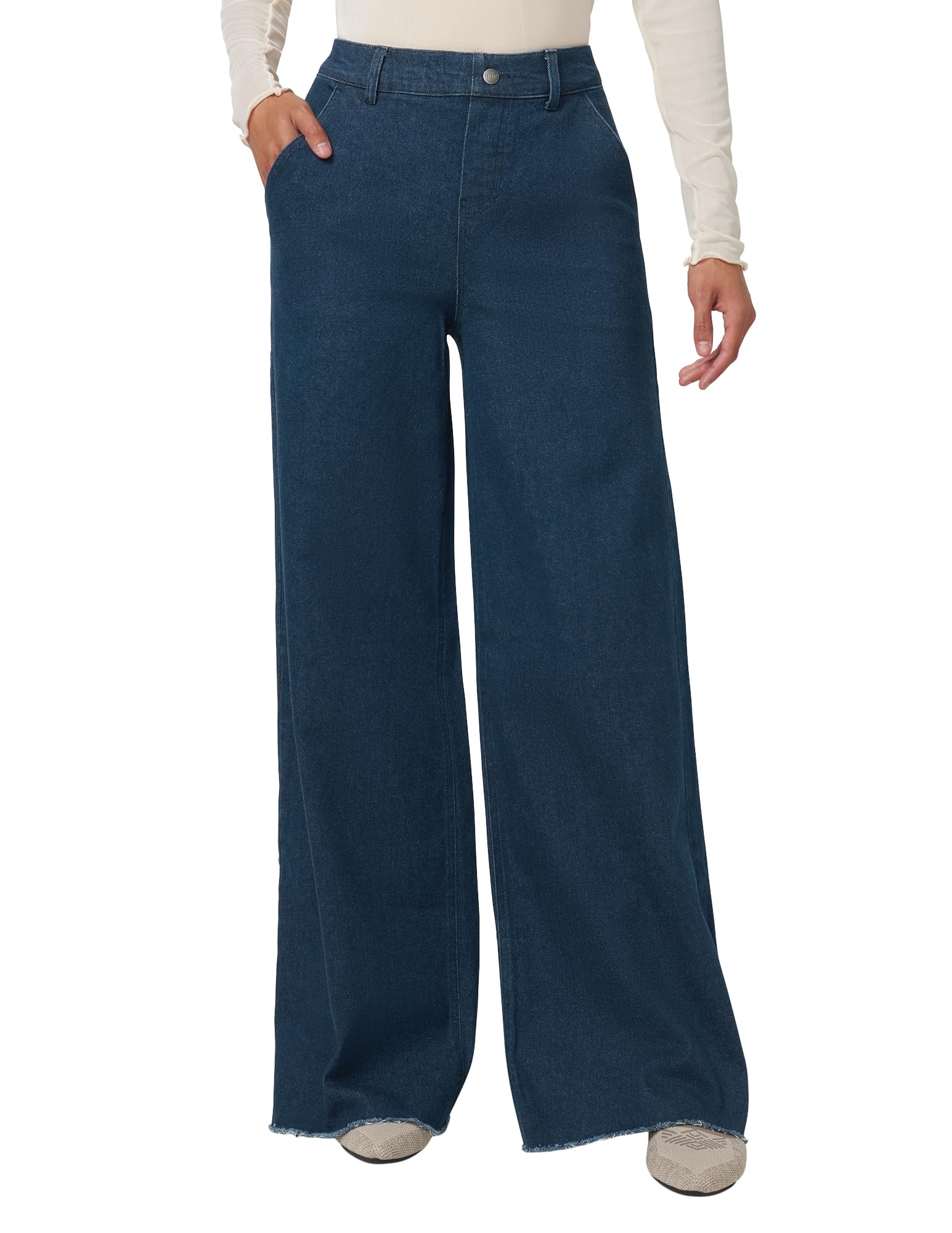 HUE Women’s Wide Leg, Midnight Rinse Wash-Frayed Edge