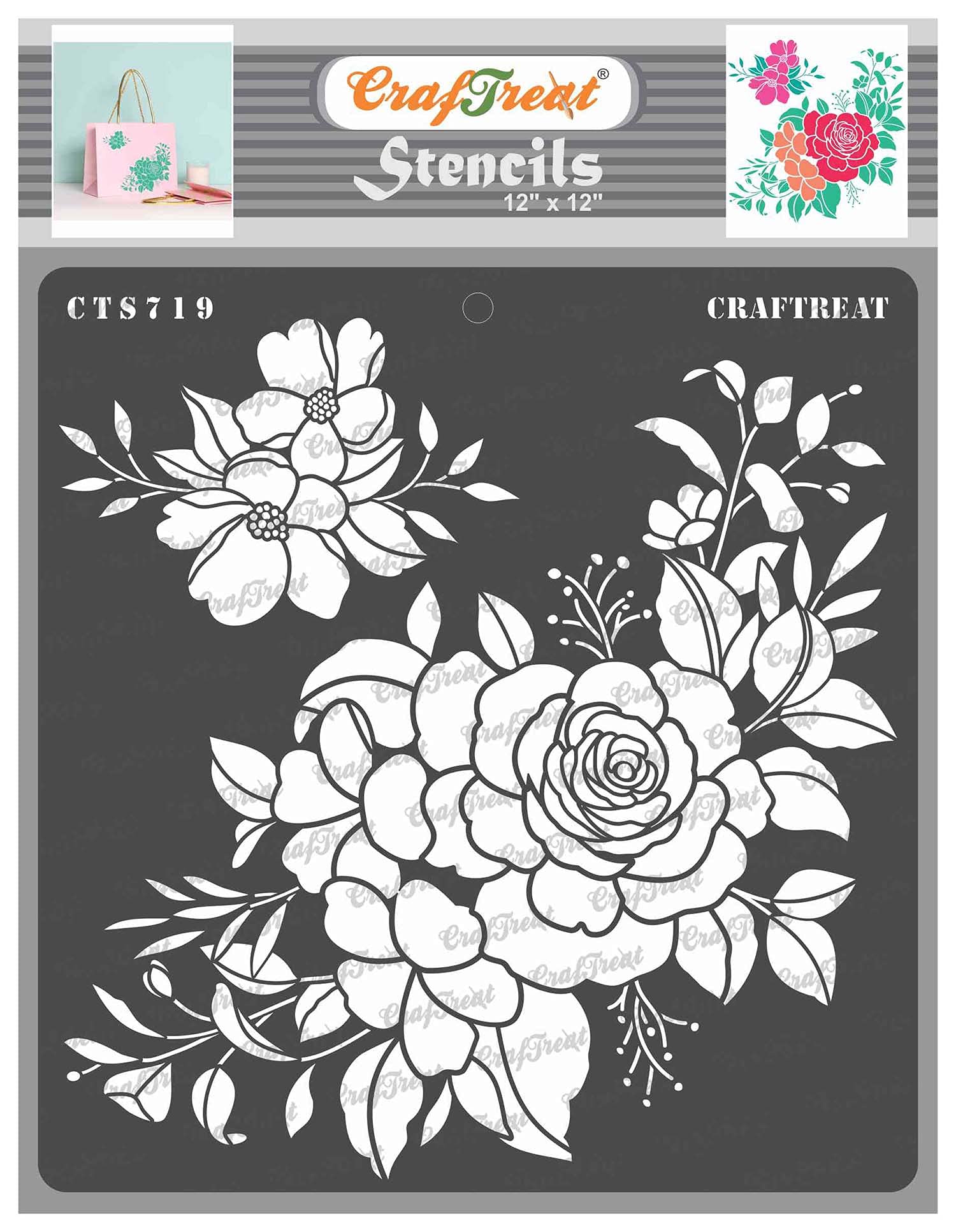 CrafTreat Reusable Rose Flower Stencils for Painting on Wood - Rose Blossoms -12X12 Inch - Rose Stencils for Painting on Canvas - Rose Wall Stencil for Painting on Fabric - Floral Stencil
