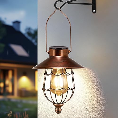 pearlstar Solar Lantern Outdoor Hanging Metal Decorative Garden Solar Light with Warm Edison Bulb, Waterproof Solar Powered Light for Yard Patio Porch Path (Copper02)