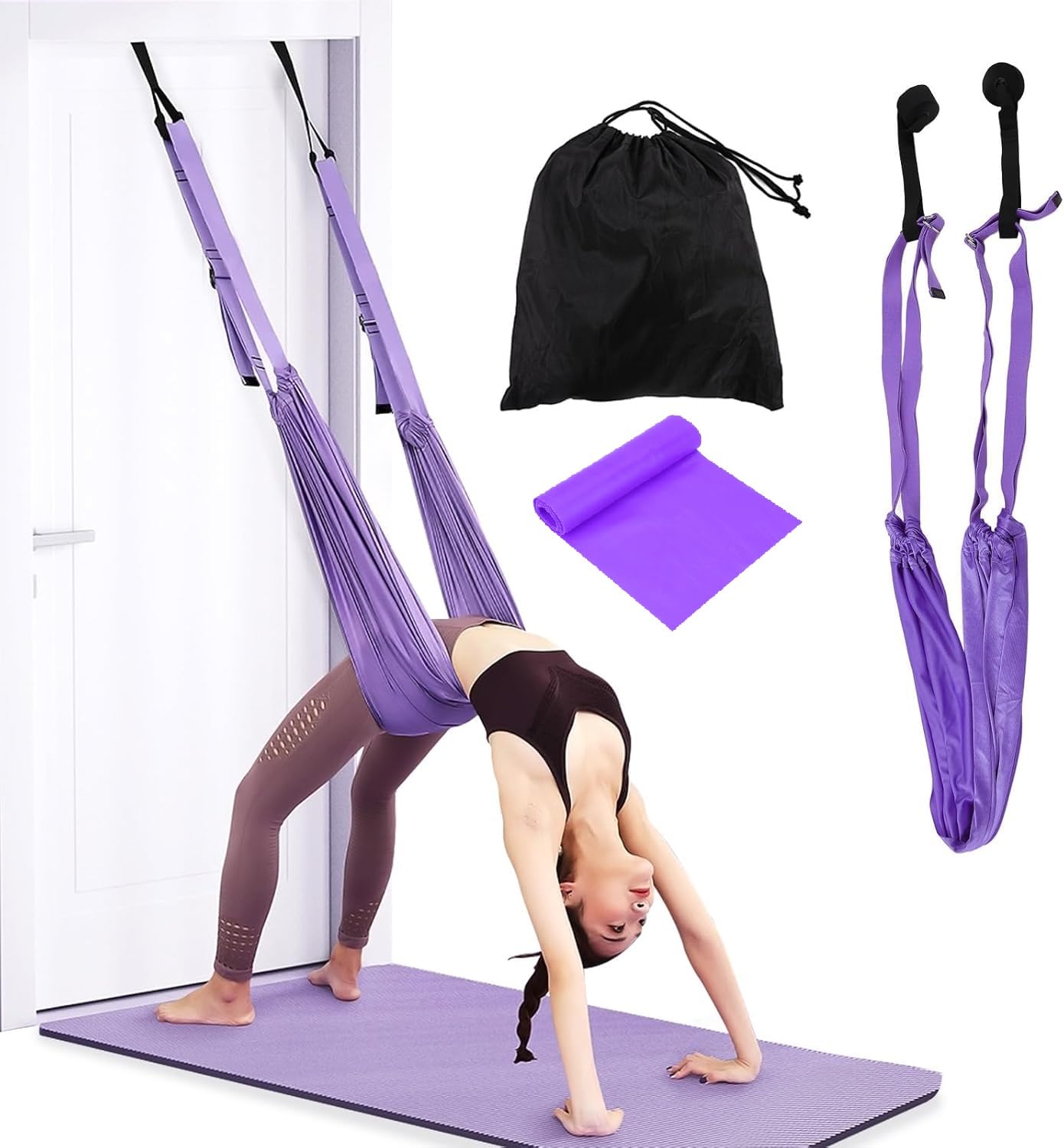 Aerial Yoga Hammock Yoga Training Swing Set Sling Inversion Tool Stretching Strap Aerial Flying Dance Handstand Split Leg Elastic Straps for Gym Home Fitness Pilates Flexibility(Purple)