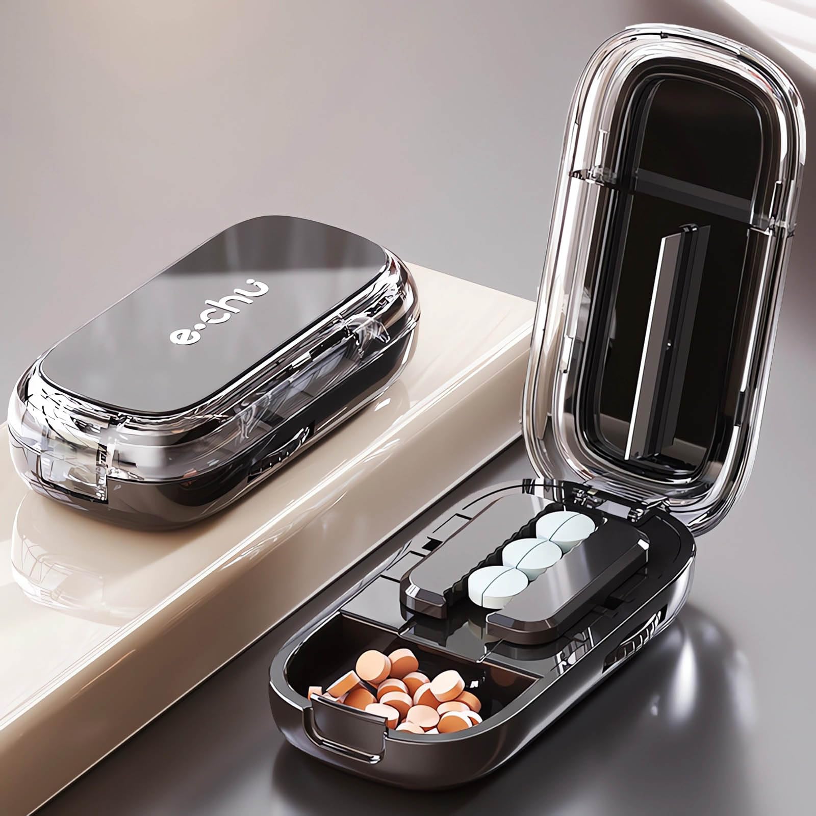 Ptyism Tablet Splitter for Multiple Pills(Black with Brush) Pill Splitter for Tablets丨Pill Splitter,Tablet Splitter for Small or Large Pills Cut in Half, Cutting&Storage 2 in 1 Tablet Pill Dispenser