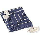 DII Striped Throw Collection Cotton Slub, Hand-Tied Tassels, 50x70, French Blue & Off-White