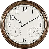 16 Inch Large Indoor Outdoor Wall Clock,Waterproof Non-Ticking Clock with Thermometer and Hygrometer Combo,Battery Operated C