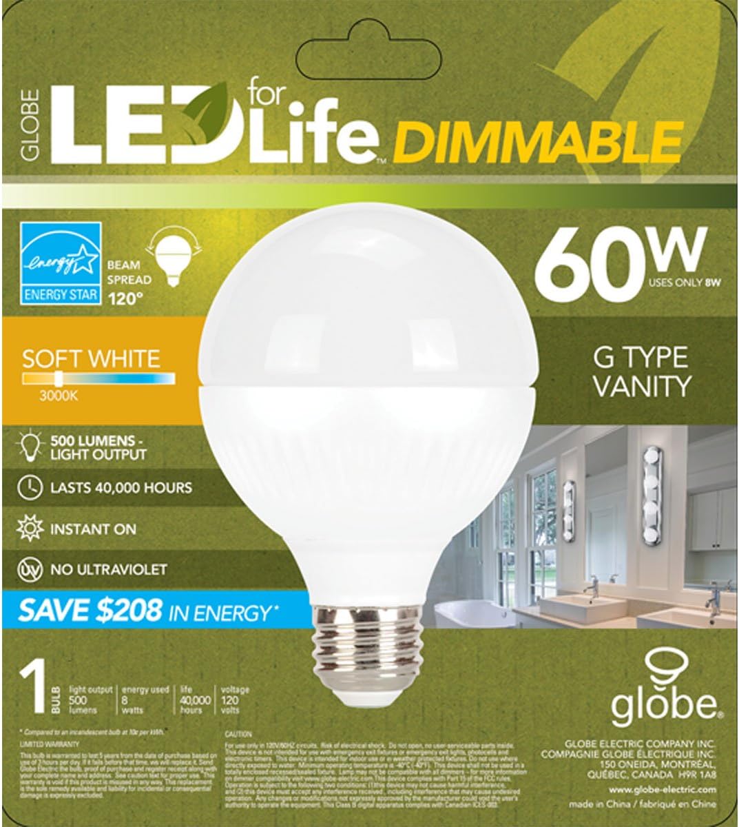 Globe Electric 8 Watt Led For Life G Type Dimmable High Performance Led Medium Base Light Bulb 60 Watt Equivalent Soft White Led Bulbs Amazon Canada