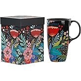 Topadorn Ceramic Coffee Mug Travel Cup with Lid 17oz., Porcelain Tall Tea Cup with Handle for Home & Office, Red Floral Art Pattern Mug with Gift Box, 6.5''H