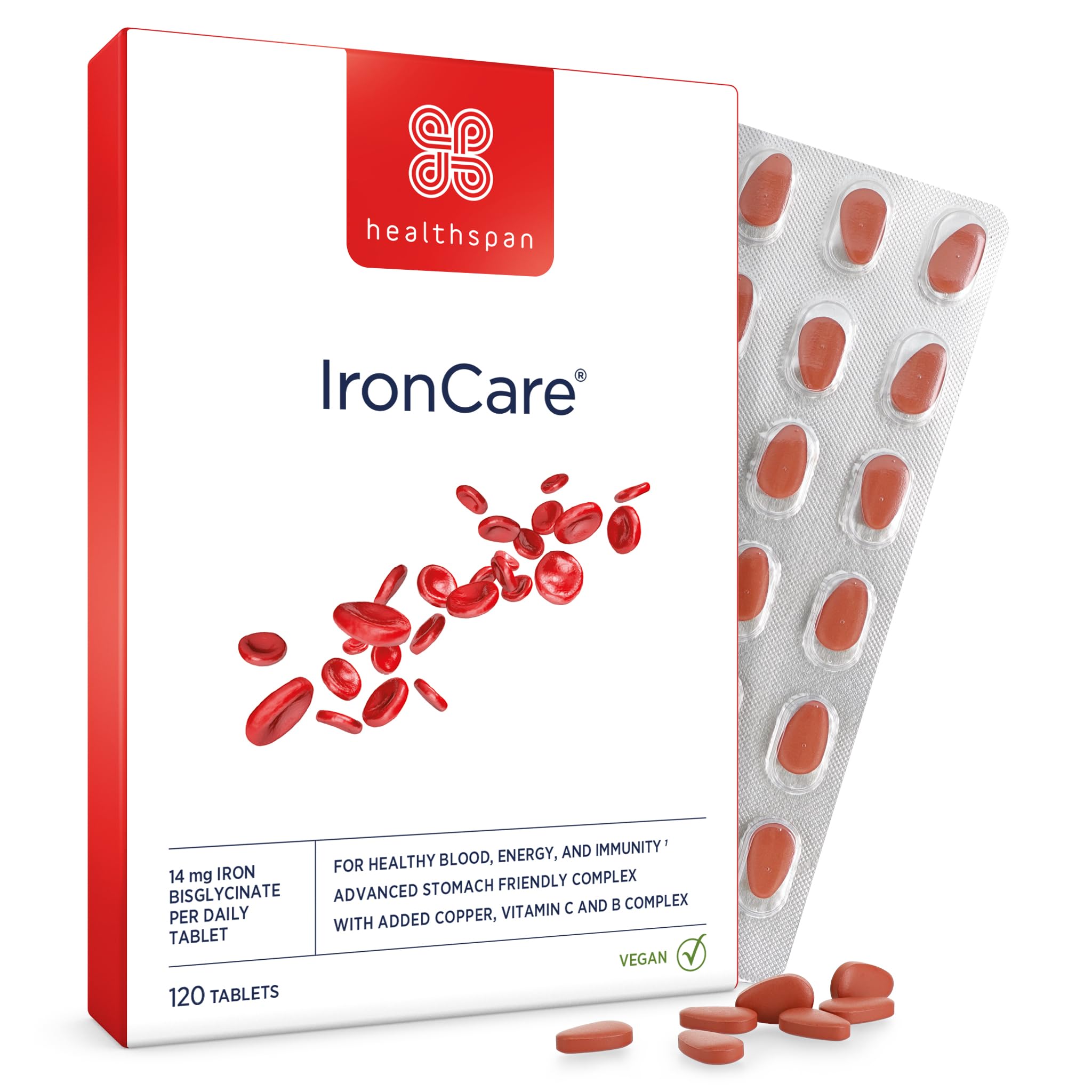 Healthspan IronCare (120 Tablets) | for Healthy Blood, Energy & Immunity | 14mg Iron | Stomach Friendly Complex | Added B Vitamins | Easy-Swallow | Vegan