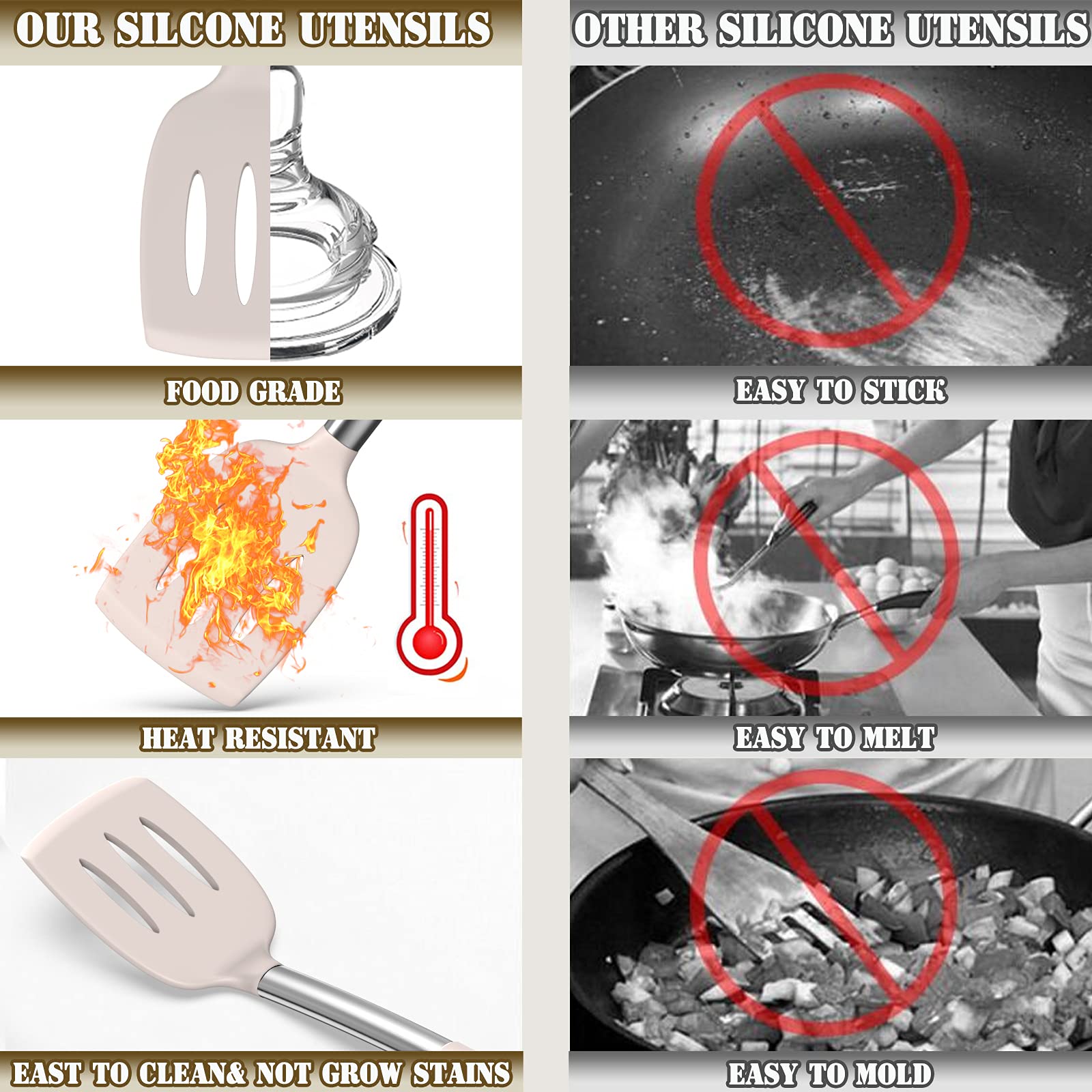 Umite Chef Silicone Kitchen Cooking Utensil Set, 43 pcs Spatula Set with Stainless Steel Handle, Non-stick Heat Resistant - Best Cookware Set-(Khaki)