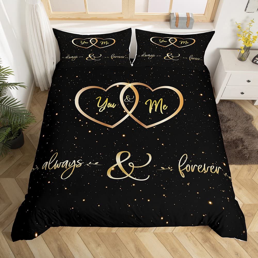 Mr Mrs Bedding Set You and Me Comforter Cover for Couple Lover Men Women Funny Quotes Duvet Cover Gold and Black Romantic Wedding Breathable Bedspread Cover Super King — image 1