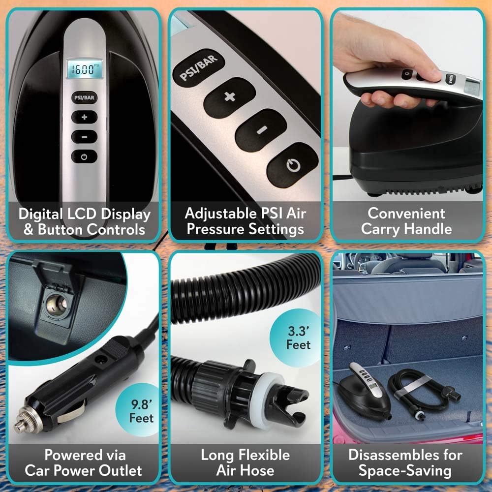 Digital Electric Air Pump Compressor - 110W 12 Volt Quick Air Inflator w/LCD, 0-16 Adjustable PSI - For Water Sport Inflatable SUP Stand Up Paddle Board - SereneLife SLPUMP20: Home Improvement