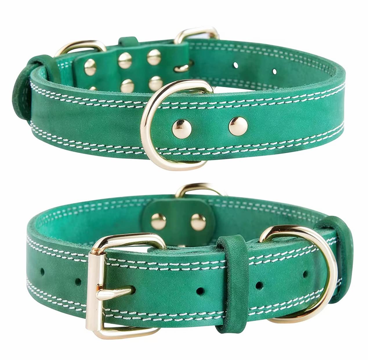 SLZZ Premium Real Genuine Leather Dog Collar/Soft Touch Heavy Duty Genuine Leather/Adjustable Perfect for Male Female Small X-Small Medium Large Dogs - Green -L