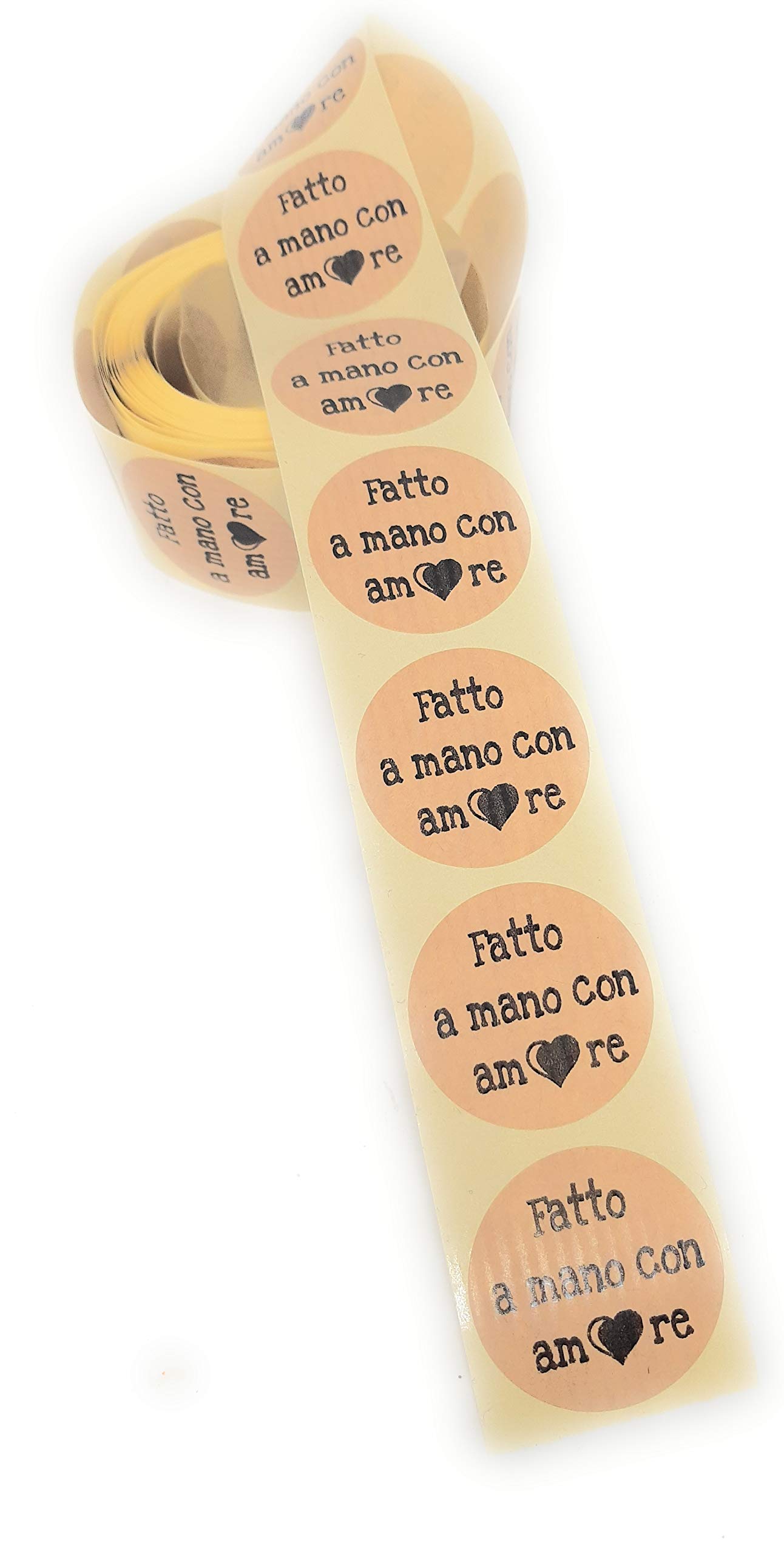 200 Self-Adhesive Kraft Brown Labels 3.5 cm Fatto by Hand with Love (Italian)