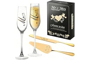 SBRC ZXX Mr and Mrs Champagne Flutes, Bride and Groom Champagne Glasses,Wedding Cake Knife and Server Set,Cake Cutting Set fo