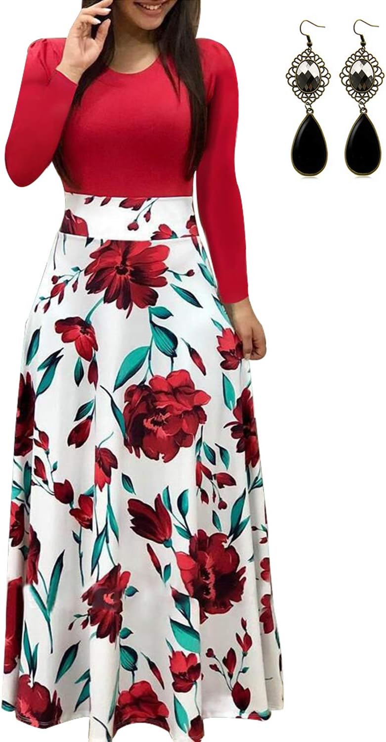 Women Boho Maxi Dress Casual Party Loose Long Sleeve Casual Cotton Dresses