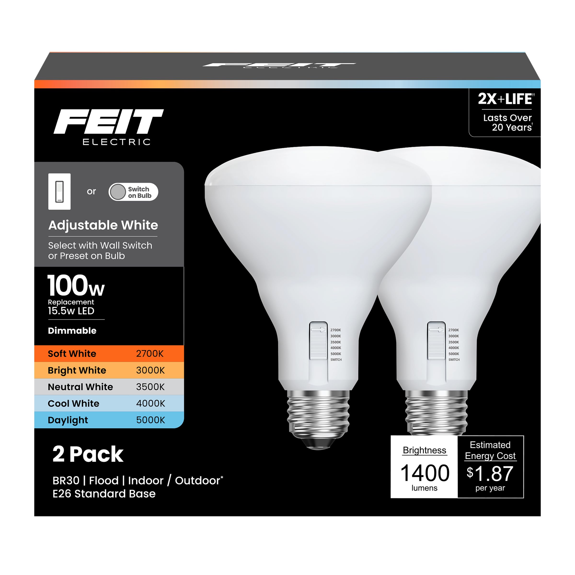 Photo 1 of Feit Electric BR30 LED Light Bulb, 100W Equivalent, Dimmable, 1400 Lumens, 5-Color Adjustable White, 90+ CRI, General Purpose Flood & Track Lighting, 25,000-Hour Lifetime, BR30100DM/6WYCA/2, 2 Pack