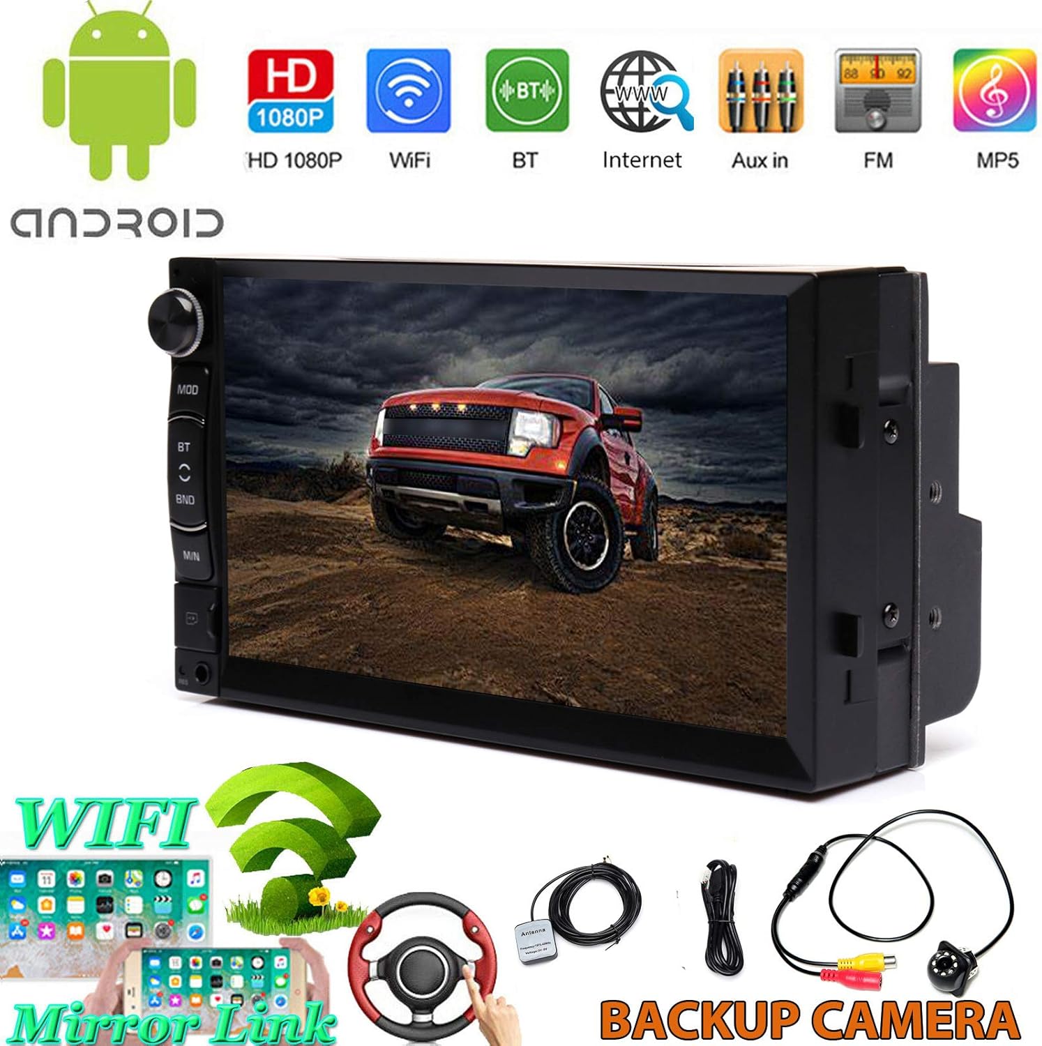 Double Din Android Car Radio with Backup Camera 7" Touchscreen Support Bluetooth Mirror Link Navigation Wifi Steering Wheel Control Multimedia MP5 Player No CD/DVD for Ford F-150 F-250 F-350 2004-2012