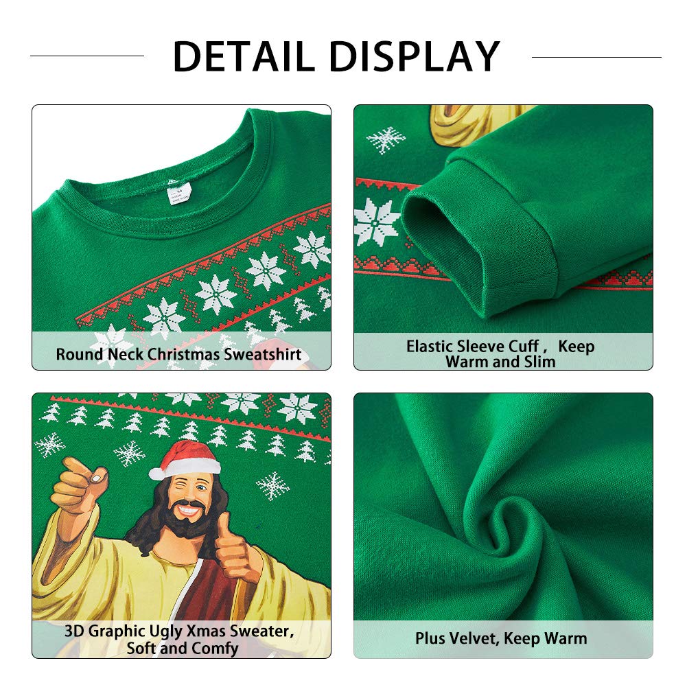 SKYRAINBOW Women Men Ugly Yas Santa Sweater Funny 3D Christmas Sweatshirt Printed Crew Neck Jumper Long Sleeve Thick Pullover for Party Outdoor L,Green