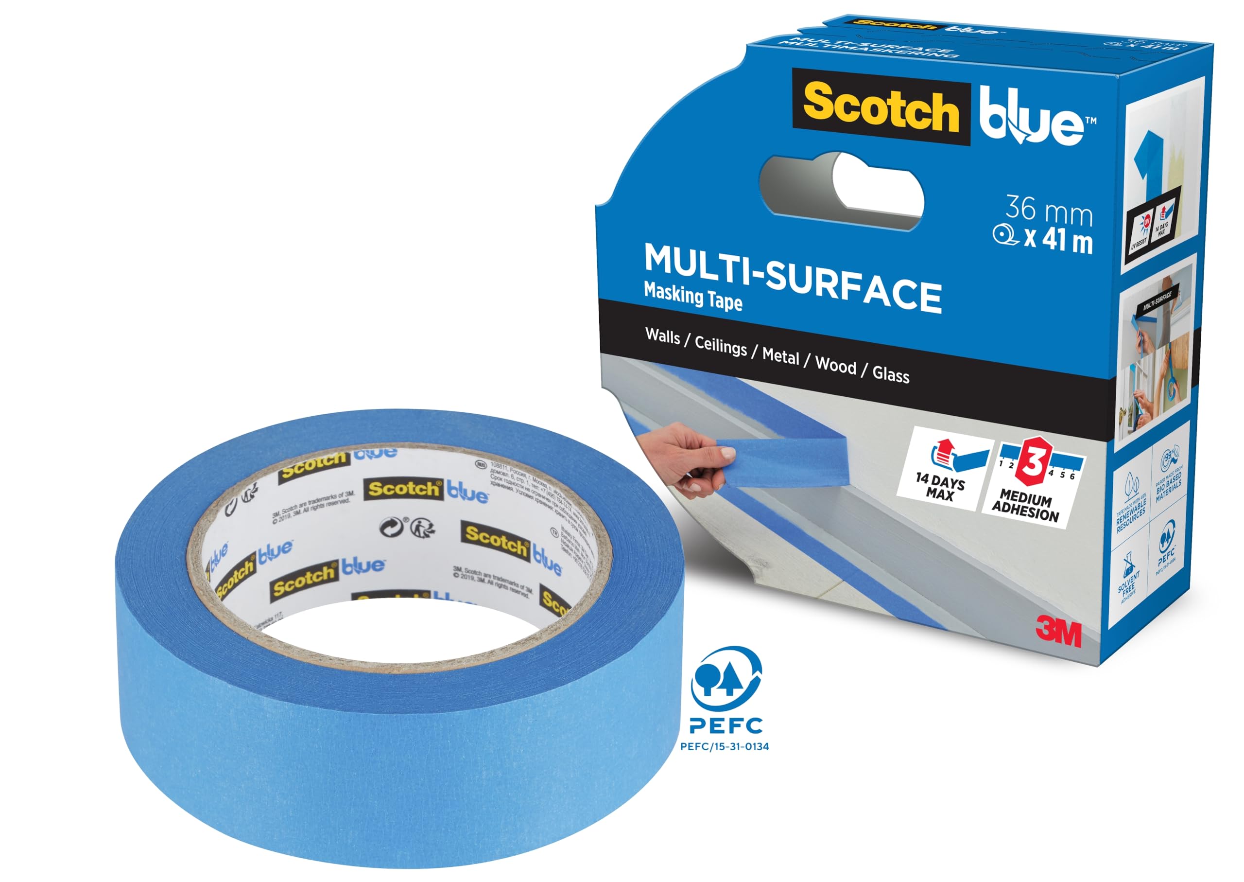 ScotchBlue Multi-Surface Premium Masking Tape, 36 mm x 41 m, 1 Roll/Pack - Scotch Adhesive Blue Painters Tape, For Painting and Decorating, Indoor & Outdoor, Sticks Well, 100% PEFC