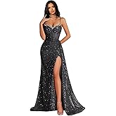 MYDRESS Rhinestone Sequin Prom Dresses with Slit Corset Spaghetti Strap Long Mermaid Evening Gown