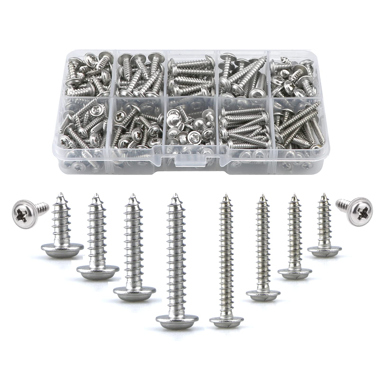 M3,M4 Self Tapping Screws Metal With Washers,280 pcs Pan Head Stainless Steel Drilling Wood Screw Assortment Kit,10 Types(8/10/12/16/20/25mm),Round Countersunk Machine Screw Fasteners(Silver)
