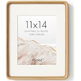 FLYJOE 11x14 Picture Frame, Solid Oak Wood Frame Matted for 8x10 Photos | Handcrafted Rounded Corners 11 x 14 Wooden Frame, HD Tempered Glass, Mortise-Tenon Joints, Hanging Hooks Included