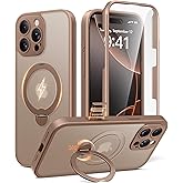 BERFY for iPhone 16 Pro Max Case, Compatible with MagSafe, Built-in 9H Tempered Glass Screen Protector and 360 Spin Magnetic Stand, Full Body Shockproof Matte Phone Case for 16 Pro Max 6.9", Brown