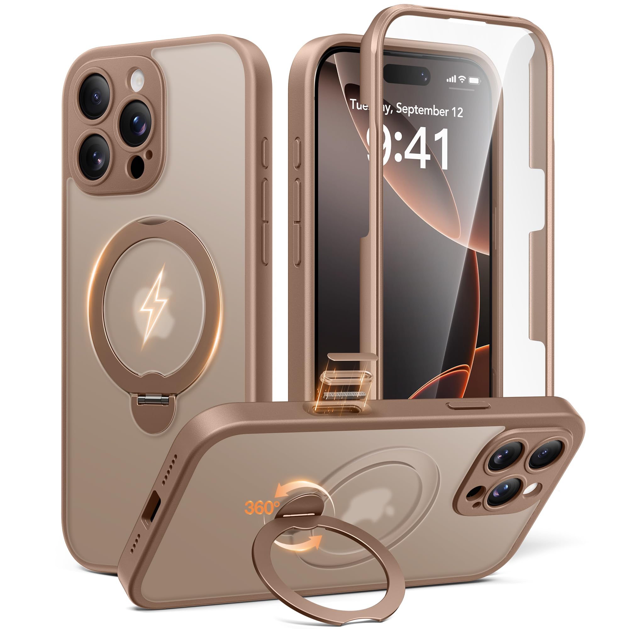 Photo 1 of BERFY for iPhone 16 Pro Max Case with 360°Spin Magnetic Stand, [Compatible with MagSafe][Built in Glass Screen Protector & Stand Ring], Full-Body Matte Translucent Case for 16 ProMax 6.9",Desert Brown
