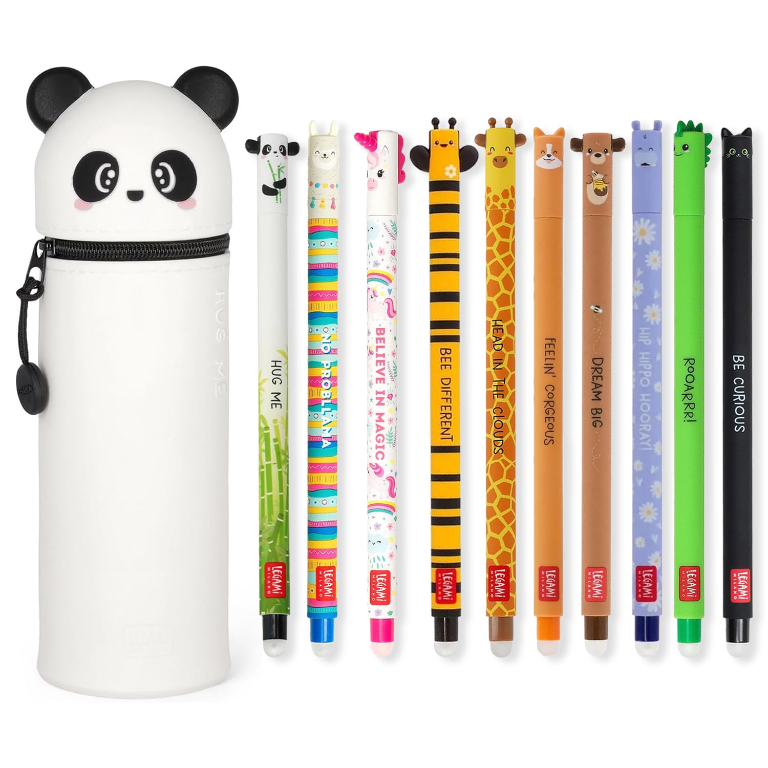 LEGAMI - Set of 10 Erasable Gel Pens + Panda 2-in-1 Pencil Case - with Thermosensitive Erase Ink, Range of ink colours & barrel designs, 0.7mm Tip