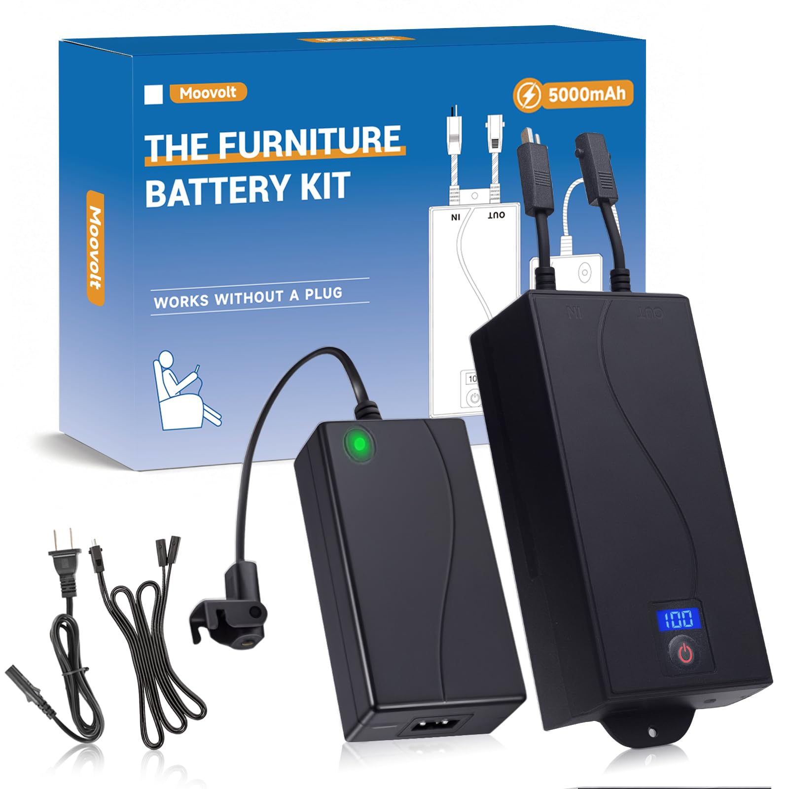 Photo 1 of Moovolt 5000mAh Universal Battery Pack for Reclining Furniture, Rechargeable Wireless Power Supply Fits Furniture with 2-Pin Connection, Batteries for Electric Sofas, Couch, Power Recliner Chair