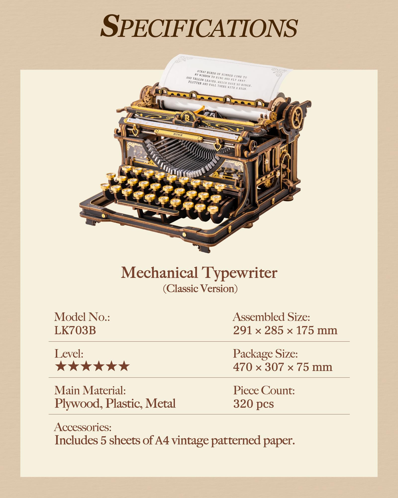 ROKR Typewriter Schreibmaschine 3D Holzpuzzle für Erwachsene, Schwarz-Gold Mechanischer Modellbausatz, Vintage 3D Puzzle Holz für Homeoffice-Deko, Retro DIY Geschenk für geduldige Bastler LK703B 7