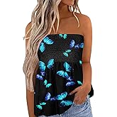 SZSMFZ Womens Smocked Strapless Bandeau Tank Tops Floral Tube Tops Backless Bandeau Tunic Tops Sleeveless Shirts