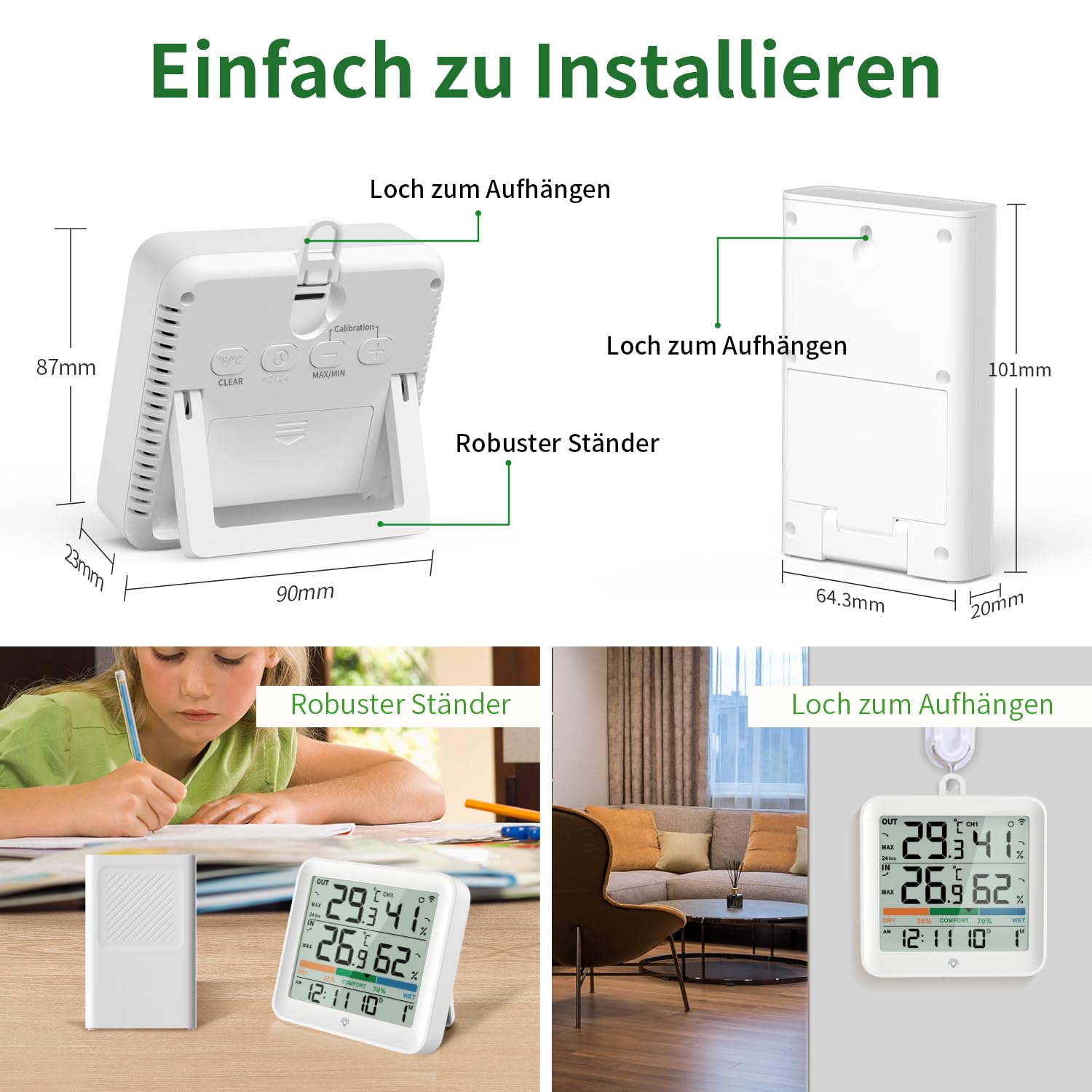 VOCOO Thermometer Innen/Ausen,kabellos Wetterstation Hygrometer mit Außensensor mit uhr,Digitales Raumthermometer mit Hintergrundbeleuchtung Luftindikator LCD MIN/MAX Display, ℃/℉ Schalter 3