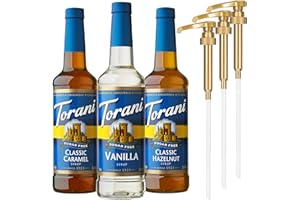 Torani Coffeehouse Variety Syrups - Sugar Free Vanilla, Classic Caramel, Classic Hazelnut Syrup with Little Squirt Syrup Pumps 25.4 Ounces