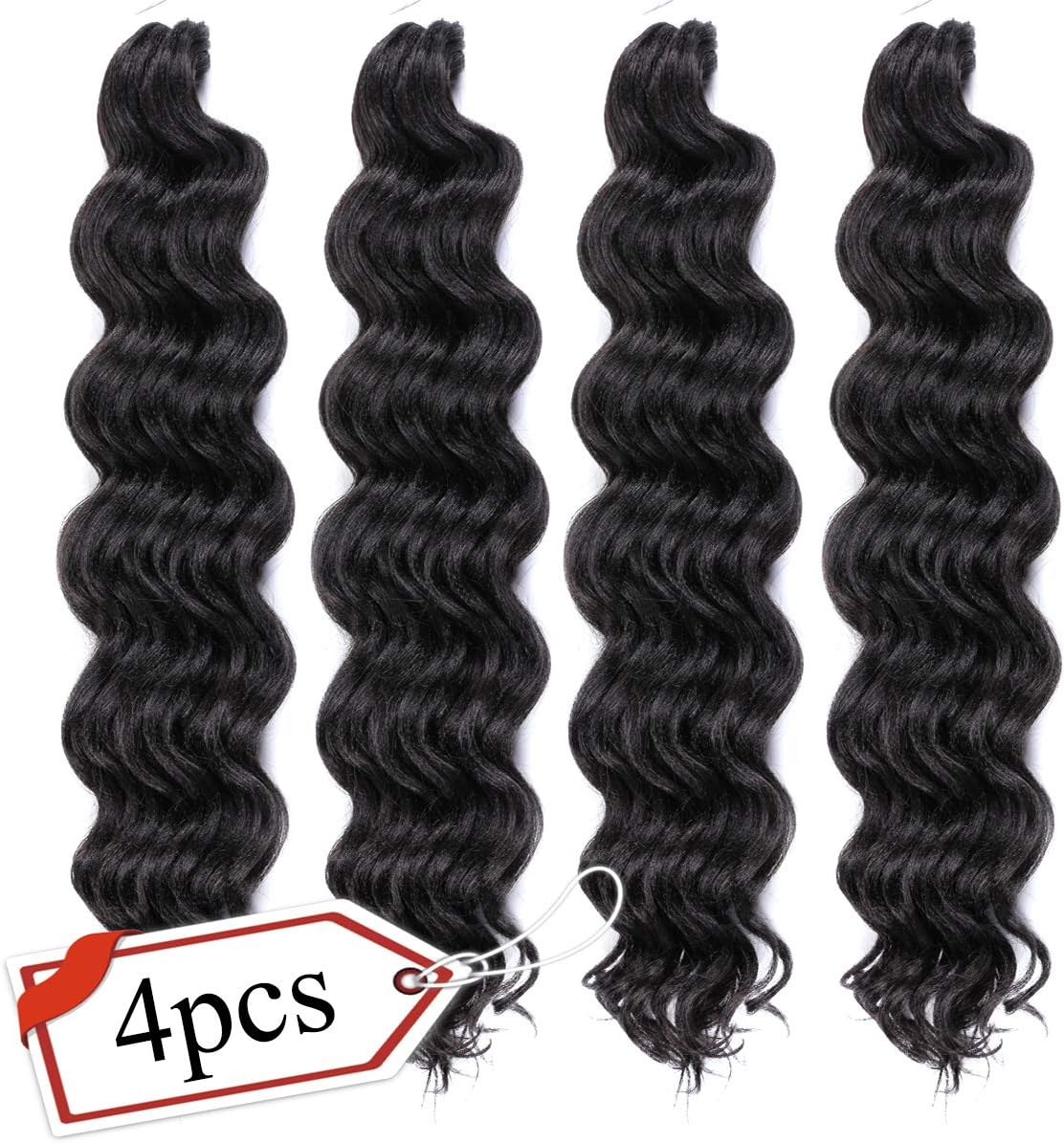 LEEONS Ocean Wave Crochet Hair 20 Inch (4-Pack, 1B) Black Deep Ripple Crochet Braids Synthetic Hair Braids
