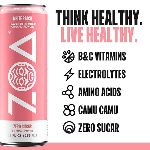 ZOA ZERO SUGAR ENERGY DRINKS – WHITE PEACH | HEALTHY ENERGY FORMULA WITH NATURAL CAFFEINE, DAILY VITAMIN C, ESSENTIAL B-VITAMINS | GLUTEN-FREE, KETO FRIENDLY | 12 OUNCE CANS (PACK OF 12)