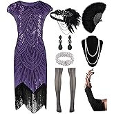 Women's Flapper Dresses 1920s Sequin Fringe Beaded Cocktail Crew Neck Dress Roaring 20s Accessories Vintage Lace Fan Headband