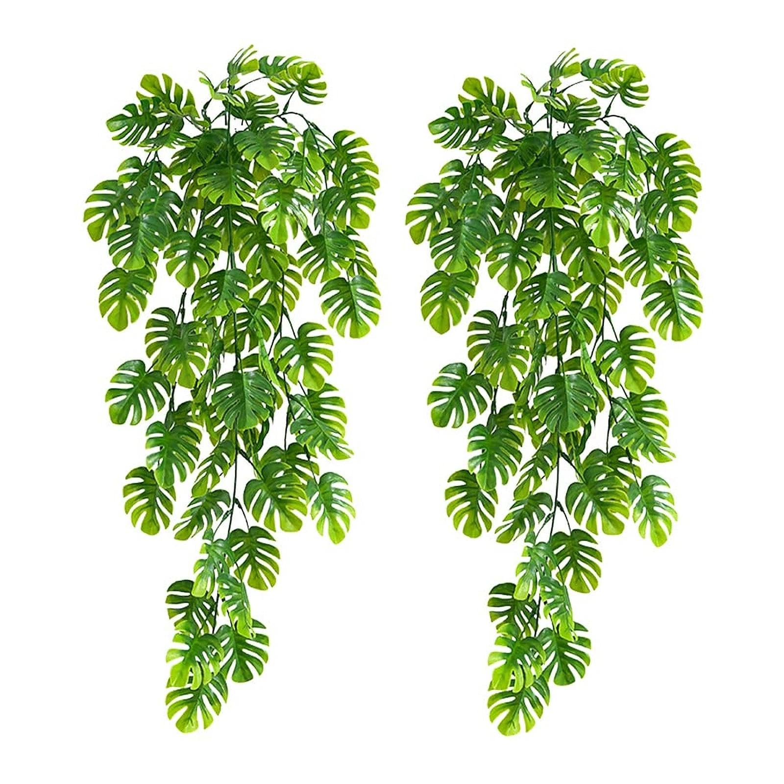 LbsAMP 2Pcs 70cm Artificial Hanging Plants Monstera Palm Leaves Plastic Fake Ivy Plants Greenery Plants for Indoors & Outdoors Decoration Hanging Pot Basket Garden Wedding Farmhouse Aesthetic