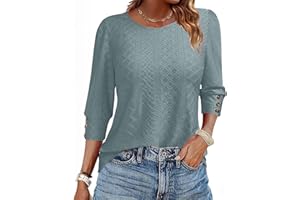3/4 Length Sleeve Womens Tops Dressy Casual T Shirts Summer Eyelet Business Shirt Tunics Summer Button Solid Blouse