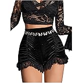 WDIRARA Women's Velvet Contrast Lace Ruched High Waist Gothic Shorts