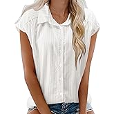 LOMON Womens Button Down Shirts Short Cap Sleeve Summer Cotton V Neck Collared Stripes Blouses Casual Plaid Tops