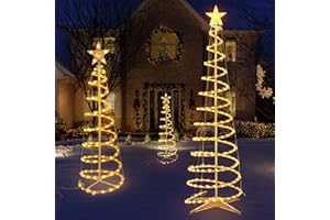 MINETOM Set of 3 Spiral Outdoor Lighted Christmas Tree, 3/4/6 Feet Christmas Lights with 7" Star Topper, UL Certification Collapsible Spiraling Tree Light Kit for Xmas Patio Wedding Decoration, Warm White