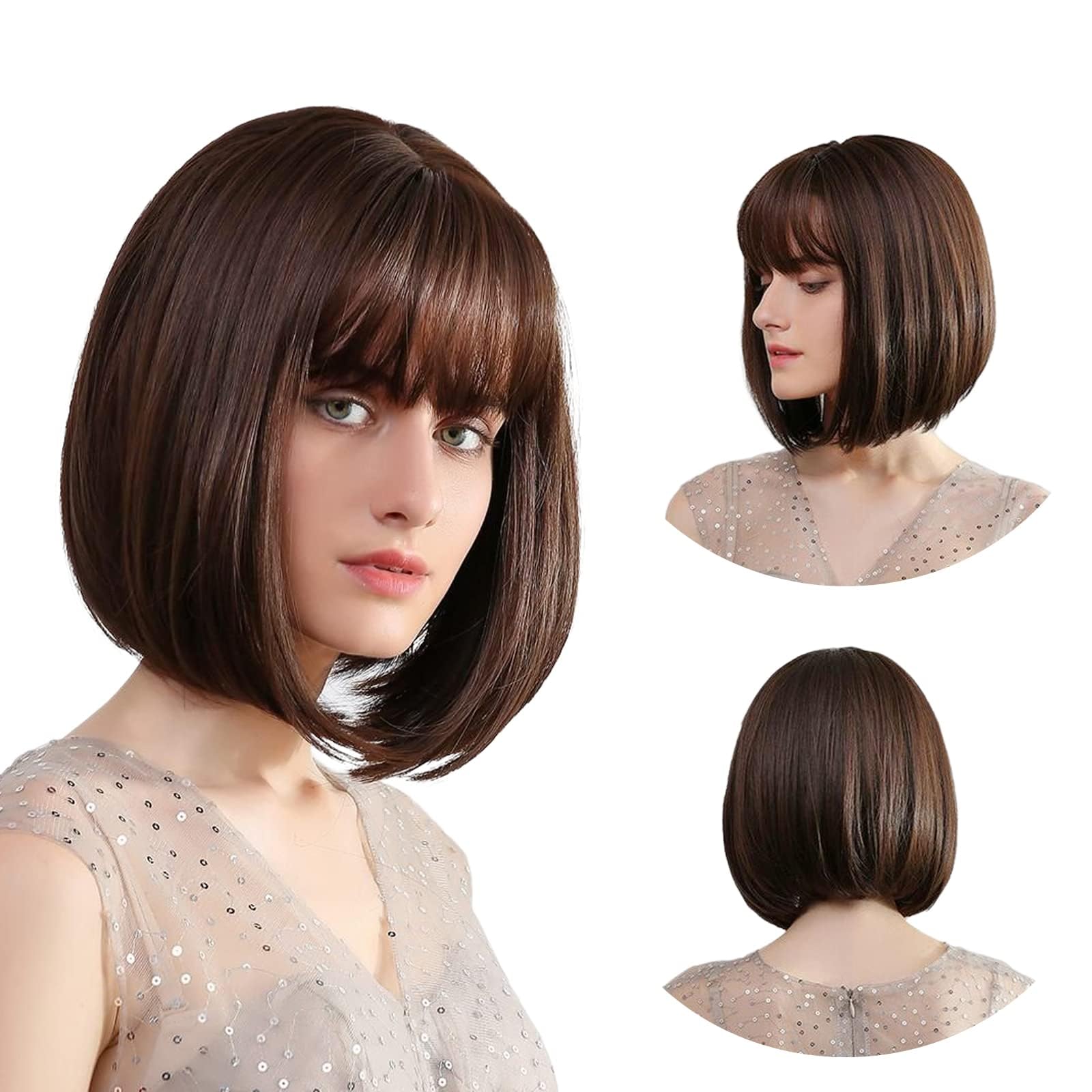 Brown Bob Wig with Synthetic Hair Bangs, Short Straight Style for Cosplay, Daily Party, and Carnival