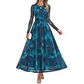 ZESICA Women's Maxi Dress 2026 Spring Long Sleeve Crewneck Floral Print Mesh Ruched Party Wedding Guest Dresses