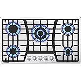 36 inch Gas Cooktop, Bulit-in Gas Stove Top with 5 Burner, NG/LPG Convertible Cooktops, 5 Burner Propane Cooktop with Thermocouple Protection, Stainless Steel