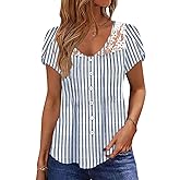 Womens Summer Tops Trendy Lace Trim V Neck Tunic Shirts Casual Petal Sleeve Pleated Front Button Blouses