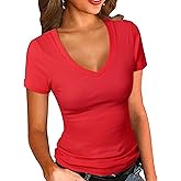 PALINDA Women's Short Sleeves Ribbed Fitted Shirt Basic V Neck Slim T Shirt Tops