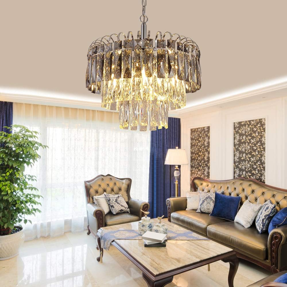 Q&S Crystal Chandelier Lighting, Modern Chrome Chandeliers, K9 Crystal Smoky+Clear, 4 Lights Pendant Light Ceiling Light Fixture For Dining Room, Living Room, Kitchen Island,W17.1".: Home Improvement