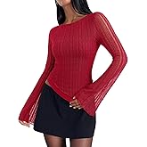 REORIA Women's Lace Mesh Boat Neck Bell Long Sleeve Tops Y2k Going Out Asymmetrical Tops 2025 Fall Fashion