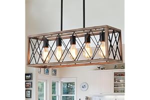 MUEOF Farmhouse Light Fixtures,5-Light Dining Room Light Fixture,Height Adjustable, Industrial Metal Kitchen Pendant Lighting Over Island, Chandelier for Dining Table Kitchen Sink, Wood Grain Finish.